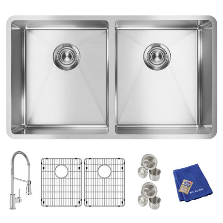 18 Gauge Stainless Steel 31-1/2 x 18-1/2 x 9, Equal Double Bowl Undermount Sink Kit with Faucet