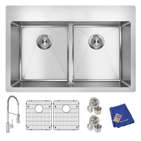 18 Gauge Stainless Steel 32-1/2 x 20-1/2 x 9, S2-Hole 40/60 Double Bowl Undermount Sink with Water Deck