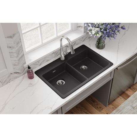 Quartz Classic 33" x 22" x 5-1/2" Double Bowl Drop-in ADA Sink with Perfect Drain® Black