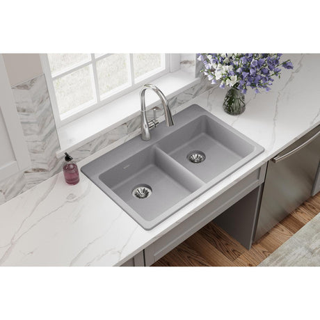 Quartz Classic 33" x 22" x 5-1/2" Double Bowl Drop-in ADA Sink with Perfect Drain® Greystone