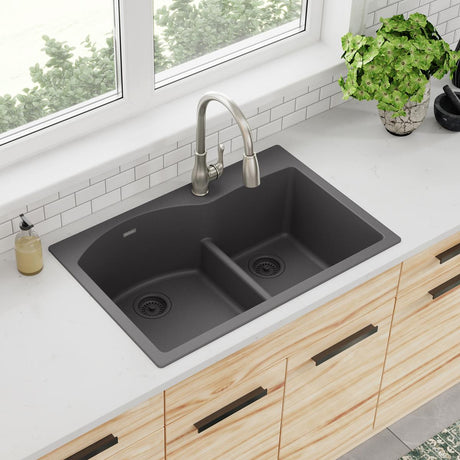 Quartz Classic 33" x 22" x 10" Offset 60/40 Double Bowl Drop-in Sink with Aqua Divide Dusk Gray
