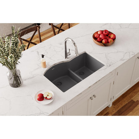 Quartz Classic 33" x 22" x 10" Offset 60/40 Double Bowl Undermount Sink with Aqua Divide Dusk Gray