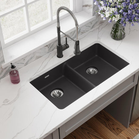 Quartz Classic 33" x 18-1/2" x 5-1/2" Double Bowl Undermount ADA Sink with Perfect Drain® Black
