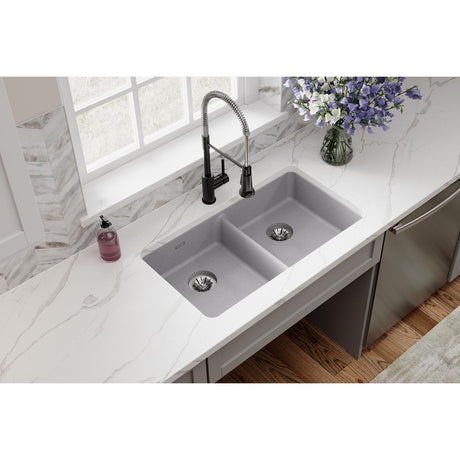 Quartz Classic 33" x 18-1/2" x 5-1/2" Double Bowl Undermount ADA Sink with Perfect Drain® Greystone