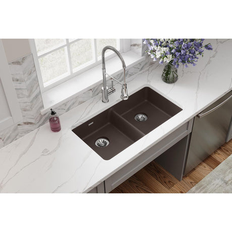 Quartz Classic 33" x 18-1/2" x 5-1/2" Double Bowl Undermount ADA Sink with Perfect Drain® Mocha