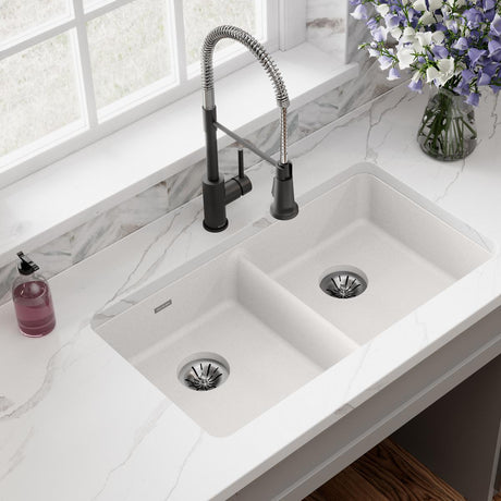 Quartz Classic 33" x 18-1/2" x 5-1/2" Double Bowl Undermount ADA Sink with Perfect Drain® White