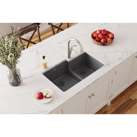 Quartz Classic 33" x 20-1/2" x 9-1/2" Offset 60/40 Double Bowl Undermount Sink with Aqua Divide Dusk Gray