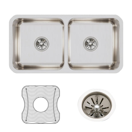 Elkay Lustertone Classic Stainless Steel 31-3/4" x 16-1/2" x 7-1/2", Equal Double Bowl Undermount Sink Kit