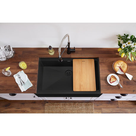 Quartz Luxe 35-7/8 x 21-9/16 x 9" Single Bowl 10" Apron Farmhouse Workstation Sink with Perfect Drain® Caviar