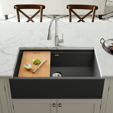 Quartz Luxe 35-7/8 x 21-9/16 x 9" Single Bowl 10" Apron Farmhouse Workstation Sink with Perfect Drain® Charcoal