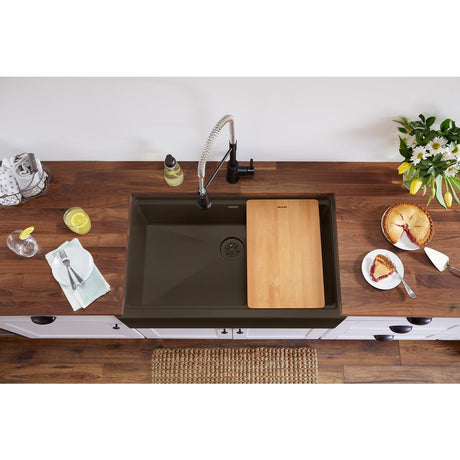 Quartz Luxe 35-7/8 x 21-9/16 x 9" Single Bowl 10" Apron Farmhouse Workstation Sink with Perfect Drain® Chestnut