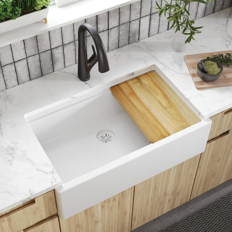 Quartz Luxe 35-7/8" x 21-9/16" x 9" Single Bowl 10" Apron Farmhouse Workstation Sink with Perfect Drain, Arctic Fox