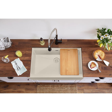 Quartz Luxe 35-7/8 x 21-9/16 x 9" Single Bowl 10" Apron Farmhouse Workstation Sink with Perfect Drain® Parchment