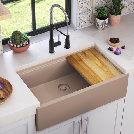 Quartz Luxe 35-7/8" x 21-9/16" x 9" Single Bowl 10" Apron Farmhouse Workstation Sink with Perfect Drain, Sandstone