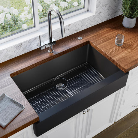 Quartz Luxe 35-7/8" x 20-15/16" x 9" Single Bowl Farmhouse Sink with Perfect Drain® Caviar