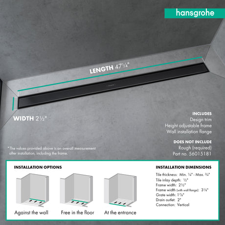 RainDrain Match Trim for 47 1/4" Rough with Height Adjustable Frame in Matte Black