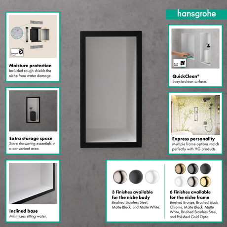 XtraStoris Individual Wall Niche Brushed Stainless Steel with Design Frame 12"x 6"x 4"  in Matte Black