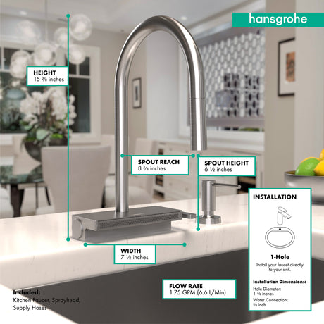 Aquno Select HighArc Kitchen Faucet, 3-Spray Pull-Down, 1.75 GPM in Steel Optic