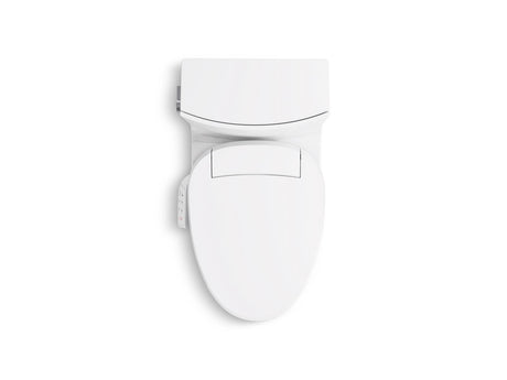 Hidden cord one-piece elongated toilet with skirted trapway, dual-flush