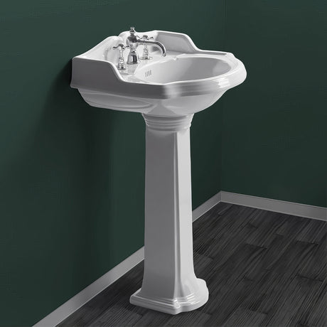 Isabella Collection Traditional Pedestal with an Integrated small oval bowl, widespread Faucet Drilling,Backsplash, Dual Soap Ledges, Decorative Trim and Overflow