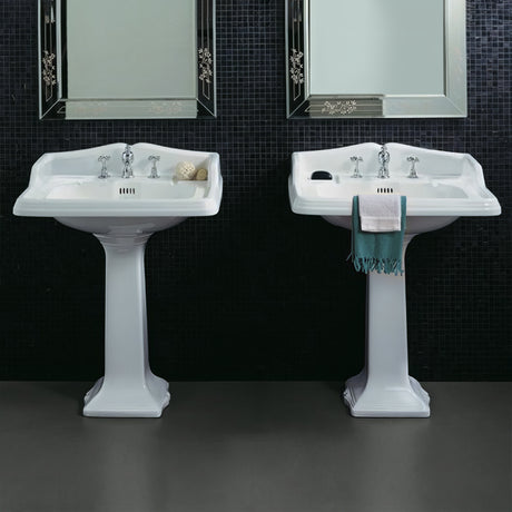 Isabella Collection Traditional Pedestal with an Integrated large Rectangular Bowl, Widespread Faucet Drilling, Backsplash, Dual Soap Ledges, Decorative Trim and Overflow