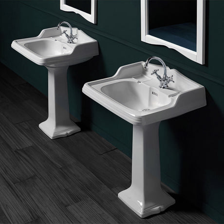 Isabella Collection Traditional Pedestal with an Integrated large Rectangular Bowl, Single Hole Faucet Drilling, Backsplash, Dual Soap Ledges, Decorative Trim and Overflow