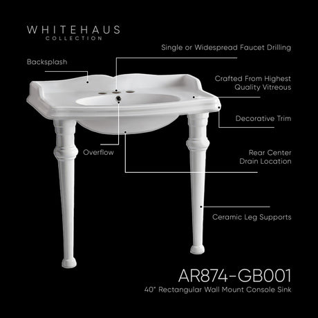 Isabella Collection 40" Rectangular Console Sink with integrated oval bowl, backsplash and ceramic leg support