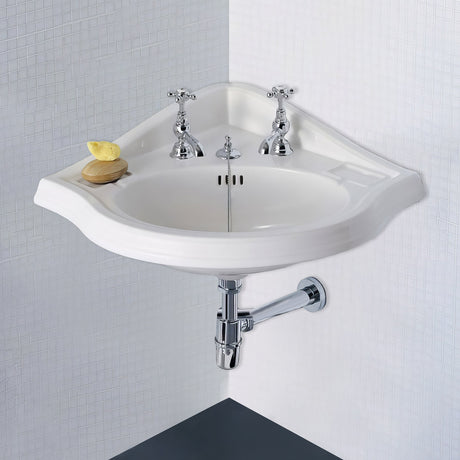 Isabella Collection Corner Wall Mount Basin with Widespread Hole Faucet Drilling, Oval bowl, Backsplash, Dual Soap Ledges and Overflow