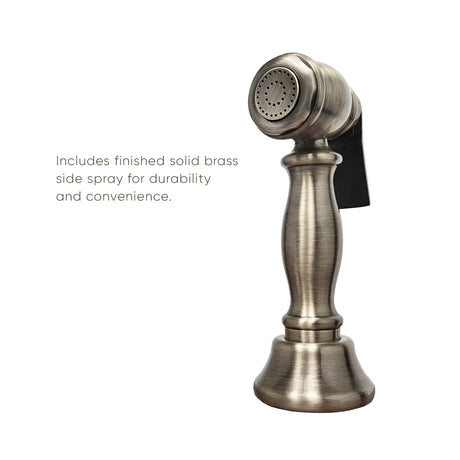 Vintage III Plus Bridge Faucet with Long Gooseneck Swivel Spout, Cross Handles and Solid Brass Side Spray