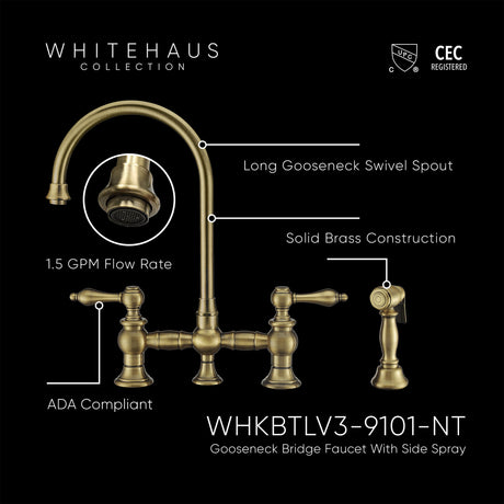 Vintage III Plus Bridge Faucet with Long Gooseneck Swivel Spout, Lever Handles and Solid Brass Side Spray