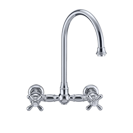 Vintage III Plus Wall Mount Faucet with a  Long Gooseneck Swivel Spout, Cross Handles and Solid Brass Side Spray