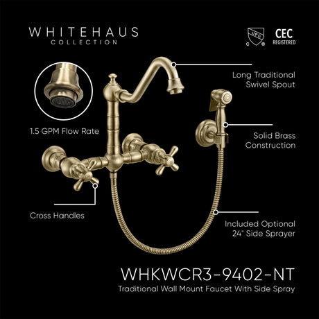 Vintage III Plus Wall Mount Faucet with a  Long Traditional Swivel Spout, Cross Handles and Solid Brass Side Spray