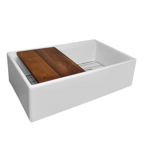 Whitehaus Collection 30" Reversible Single Bowl Fireclay Sink Set with a Smooth Front Apron, Walnut Wood Cutting Board and Stainless Steel Grid
