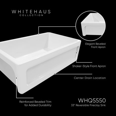 Shakerhaus 33" Reversible Kitchen Fireclay Sink with Shaker Design Front Apron on one Side and an Elegant Beveled Front Apron on the Opposite Side
