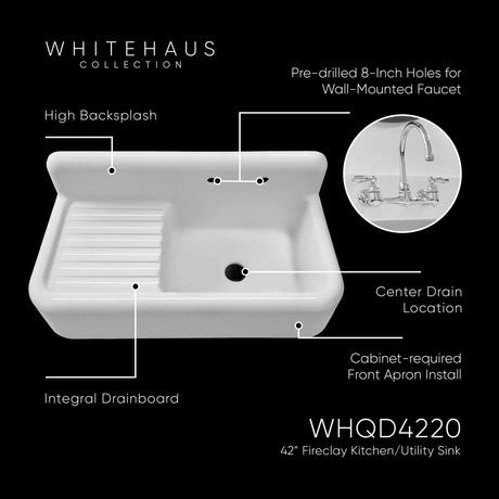 Heritage Front Apron Single Bowl Fireclay Sink with Integral Drainboard and High Backsplash