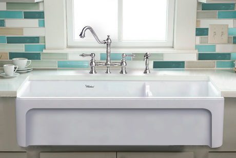 Glencove Fireclay 42" Large Double Bowl  Reversible Sink with an Elegant Beveled Front Apron on One Side and a Decorative Lip on the Opposite Side