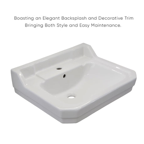 Victoriahaus rectangular basin china console with single hole faucet drill,  polished chrome leg supports with towel bar, backsplash, and overflow