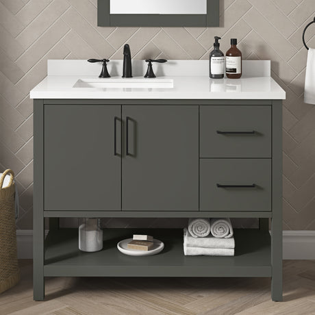 BANKS 42IN VANITY WITH SLAB DOOR IN CHARCOAL GREY WITH WHITE QUARTZ TOP & CERAMIC BASIN