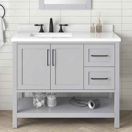 BANKS 42IN VANITY WITH SHAKER DOOR IN DOVE GREY WITH WHITE QUARTZ TOP & CERAMIC BASIN